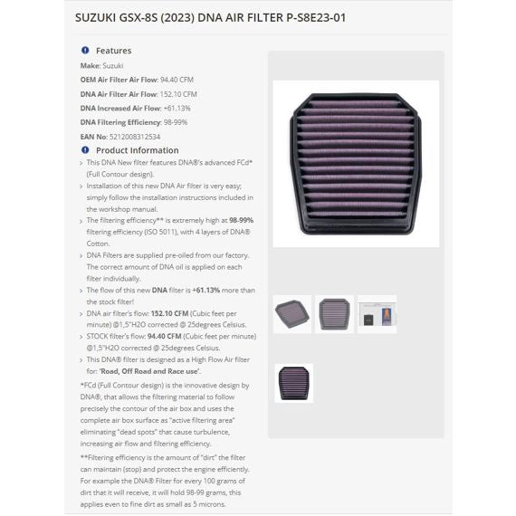 DNA high performance filter voor de Suzuki GSX-8S / V-Strom 800 DE '23-
