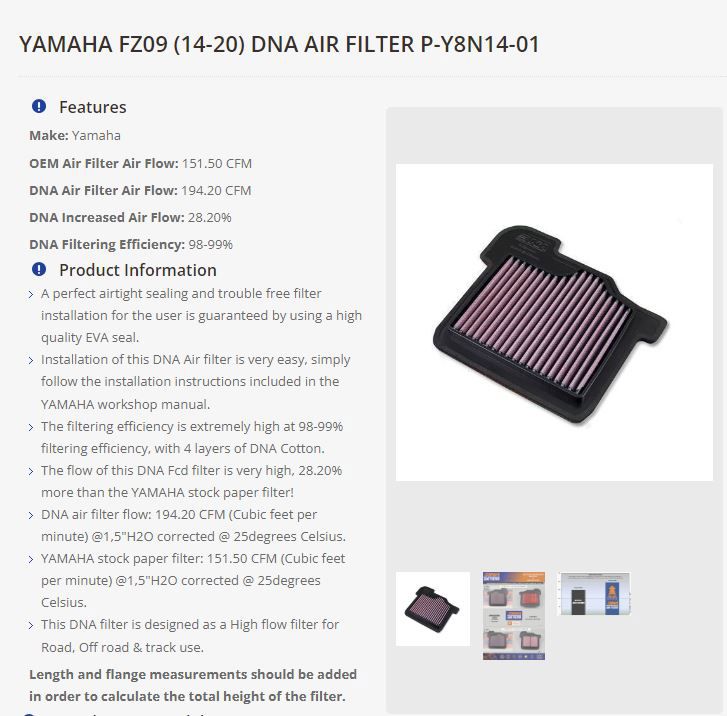 DNA high performance filter Yamaha MT09 / XSR900 / Tracer 900 / Niken