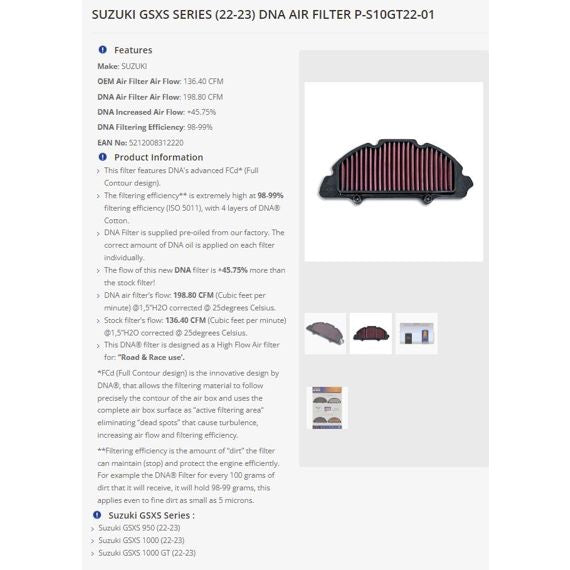 DNA high performance filter diverse Suzuki GSX-S950 / GSX-S1000